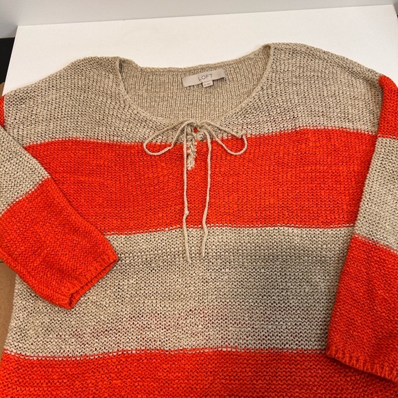 Loft Orange Beige Stripe Women's Sweater Open Weave lace up Neck Women’s Medium - Picture 4 of 8